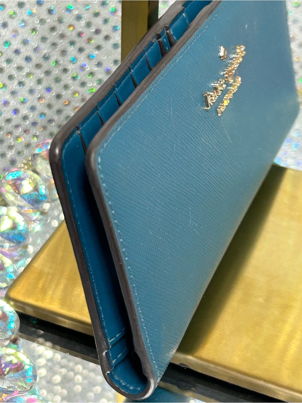 kate spade Teal Saffiano Leather Zip Wallet w/Gold Logo Approx. 6.5 x 3.5 - Picture 4 of 8